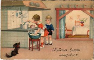 Kellemes húsvéti ünnepeket / Easter greeting art postcard, children boiling eggs. ERIKA Nr. 2053. (szakadás / tear)