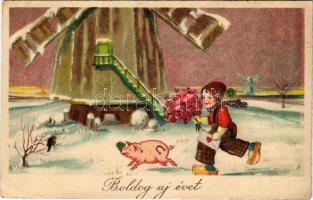 Boldog Újévet / New Year greeting art postcard with windmill, pig and clover. WSSB 9378. (EB)