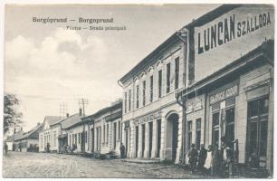 Borgóprund, Borgó-Prund, Prundu Bargaului; Fő utca, Luncan szálloda, Sajovics Izidor üzlete és saját kiadása / Strada principala / main street, hotel, shops (EK)