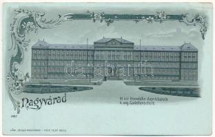 Nagyvárad, Oradea; M. kir. Honvéd hadapródiskola este. Lang József kiadása / K.u.k. military cadet school at night. Art Nouveau, floral, litho (kis szakadás / small tear)