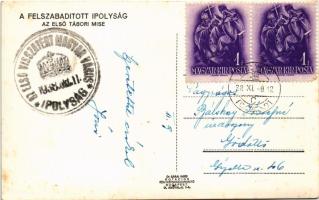 1938 Ipolyság, Sahy; bevonulás, az első tábori mise a Lengyel szálloda előtt / entry of the Hungaria...