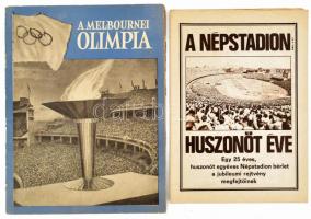 2 db sport újság: 1956 A melbournei olimpia, képekkel illusztrált kiadvány, a kiadvány az Október 23. nyomdában készült, benne beszámoló a magyar-szovjet véres vízilabda meccsről is +  [1978] A Népstadion huszonöt éve, alkalmi lapszám számos érdekes írással, fényképekkel, a magyar válogatott labdarúgó mérkőzések teljes adattárával, 32 p.