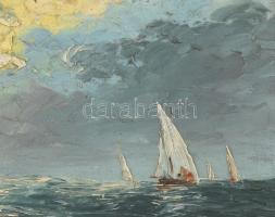 Petheő A L jelzéssel: Vitorlások. Olaj, karton. Dekoratív, sérült fakeretben. 23x34 cm