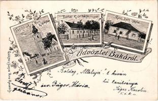 1900 Baka (Dunaszerdahely, Dunajská Streda), Római katolikus templom és iskola, tanítólak, Bartal K. úr háza. Goldstein Jozsua kiadása / church and school, teacher's house, villa. Art Nouveau, floral