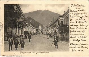 1908 Schottwien, Hauptstrasse und Sonnwendstein / main street (fa)