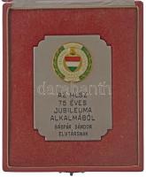 1976. "Az MLSZ 75 éves jubileuma alkalmából" névre szóló fém emlékplakett, az MLSZ ünnepi címerét ábrázoló aranyozott, műgyantás díszítménnyel, eredeti tokban (70x95mm) T:AU / Hungary 1976. "Az MLSZ 75 éves jubileuma alkalmából (On the occasion of the 75th anniversary of the Hungarian Fottball Association)" metal plaque, with gilt resin decoration depicting the HFA festive coat of arms, in original case (70x95mm) C:AU