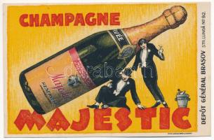 Brassó, Kronstadt, Brasov; Champagne Majestic, Depot Général Strada Lunga No. 92. / Pezsgő reklám. Lith. Lapkiadó S.A. Cluj / champagne advertisement (EB)