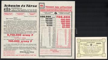 1938 Schwalm és Társa Bankház kétoldalas reklámnyomtatványa a 40. m. kir. osztálysorsjátékról, hozzá tartozik egy "Egy negyed" letétjegy I. osztályú sorsjegy, szép állapotban
