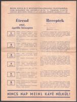 1937 Meinl Gyula Rt. Háztartásgazdasági Tanácsadója, étrend 1937. április hónapra, receptek, gyakorlati tanácsok.
