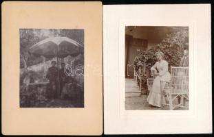1902 Verőce, Madarász Gyula (1858-1931) ornitológus és felesége Madarász Gyuláné verőcei látogatásukkor, 1902. júl., fotó kartonon a hátán feliratozva, 10x7 cm + 1904 Székelyudvarhely, "Valentsikék kertjében, Valentsik, Valentsik Kautzky Józsefné, Kautzky Piroska, 1904. aug.", fotó kartonon a hátán feliratozva, 15x12 cm,16x12 cm