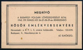 1942 Meghívó A Budapesti Polgári Lövészegyesület által 1942. évi Június hó 26-27-28-29-én rendezendő Hősök Emlékversenyére. Verbőczy Kálmán (1888-1967) honvéd ezredes, a Székely Hadosztály volt zászlóaljparancsnokának címezve.