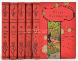 Magyar Dekameron, 5 kötet: Magyar írók II-V. köt.; Külföldi írók II. köt. Összeáll.: Hevesi József. Bp., 1893, Singer és Wolfner. Kiadói aranyozott, festett, szecessziós egészvászon sorozatkötésben, festett lapélekkel, nagyrészt jó állapotban, az egyik kötetben néhány sérült, foltos lappal.