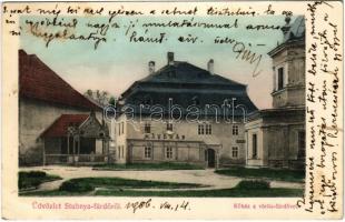 1906 Stubnyafürdő, Túróchévíz, Stubnianske Teplice, Turcianske Teplice; Kőház a a vörös-fürdővel, kávéház. Stranszky Jakab és Veje kiadása / villa, cafe, bath (EB)