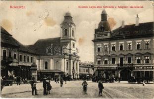 1922 Kolozsvár, Cluj; Kossuth Lajos utca torkolata, Központi szálloda, Biasini Sándor utóda, Medgyesy és Nyegrutz, Pap Ernő üzlete, gyógyszertár. Schuster Emil kiadása / street, hotel, shops, pharmacy (Rb)