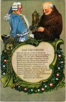Salvatorsör. Német sör reklám + "Forster Apostolok Sörözője IV. KÍgyó utca 6." bélyegzés a hátoldalon / German Paulanerbrau München, Salvator beer advertisement. Art Nouveau, litho (EK)