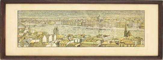 Varga Gyula (1935-2002): Budapest. Linómetszet, papír. Jelzett. Kissé foltos. 20x68 cm. Üvegezett fakeretben.