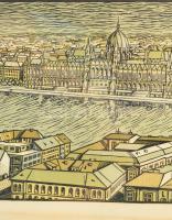 Varga Gyula (1935-2002): Budapest. Linómetszet, papír. Jelzett. Kissé foltos. 20x68 cm. Üvegezett fa...