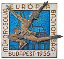 1955. "Műkorcsolya Európa Bajnokság - Budapest, 1955" zománcozott bronz emlékplakett eredeti tokoban (45x44mm) T:AU,XF
