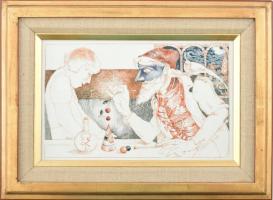 Franyó Tóth István Ferenc (1954- ): Alkimista. Herendi porcelánra festett kép. Kézzel festett, jelzett, hibátlan 29x31 cm Aranyozott, szövet betétes fa keretben