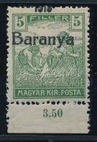 Baranya I. 1919 Arató 5f ívszéli bélyeg elcsúszott felülnyomással, az ívszám szinte teljesen lemaradt, Bodor vizsgálójellel