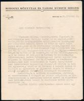 1926 Móra Ferenc (1879-1934) író, a szegedi Somogyi Könyvtár és Városi Múzeum igazgatójának gépelt levele. "Igen tisztelt Barátom-Uram!" megszólítással. Feltehetőleg Bokor Dezső (1894-1963) a Vajna és Bokor kiadó vezetőjének részére, szakadt. Móra Ferenc autográf aláírásával, pecséttel, 1,5 gépelt oldal.