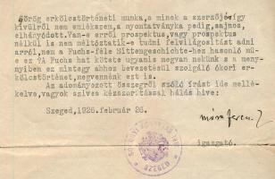 1926 Móra Ferenc (1879-1934) író, a szegedi Somogyi Könyvtár és Városi Múzeum igazgatójának gépelt l...