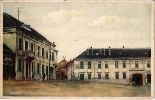 1933 Vasvár, Fő tér, Zöldfa szálloda és étterem, Hotel Corona szálloda, vendéglő és autógarázs, Zsilinszky István szállodája. Schrammel kiadása (EK)