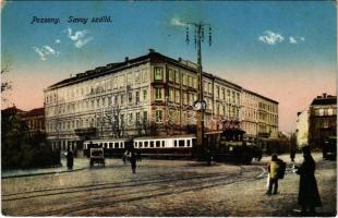 Pozsony, Pressburg, Bratislava; Savoy szálloda, kisvasút, városi vasút, vonat / hotel, urban railway, train (EK)