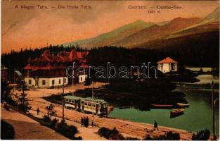 Tátra, Magas-Tátra, Vysoké Tatry; Csorba-tó, villamos / Strbské Pleso / lake, tram