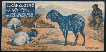 Perzsa juh. Elkán és Gerő szűcsök szőrmeáru és sapkagyár üzletének számolócédulája. Budapest V. Váci utca 9. és Petőfi utca 5.