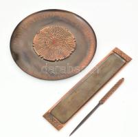 Muharos Lajos iparművész bronz és zománc dísztányér d: 24 cm + iparművész réz aasztali készlet