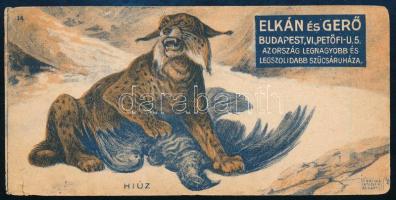 Hiúz. Elkán és Gerő szűcsök szőrmeáru és sapkagyár üzletének számolócédulája. Budapest V. Váci utca 9. és Petőfi utca 5.