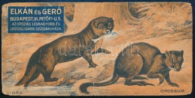 Vidra, Opossum. Elkán és Gerő szűcsök szőrmeáru és sapkagyár üzletének számolócédulája. Budapest V. Váci utca 9. és Petőfi utca 5.