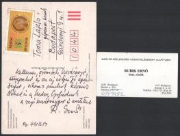 1988 id. Rubik Ernő (1910-1997) gépészmérnök, pilóta, repülőgép-tervező autográf, aláírt karácsonyi üdvözlőlapja + névjegye + őt ábrázoló aláírt fotó