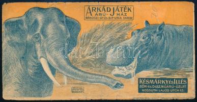 cca 1910 Régi számolócédula, Árkád Játékáruház, Rákóczi út és Síp utca sarok - Késmárky és Illés bőr- és díszműáru-üzlet, Kossuth Lajos u. 12. Bp., Grafikai Intézet Rt., 14×7 cm. Hátoldalán pecsét: Mayerhofer Mihály kőműves mester Budapest VII. Kertész-utca 27.