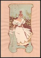 cca 1900-1910 Pacsirtaszó, szecessziós illusztráció / divatkép. Színes nyomat, papír. Körbevágva, lapra ragasztva, 26x13,5 cm