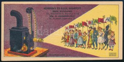 cca 1910 Késmárky és Illés Árkád Játékáruház, Bőr- és Díszműáru Üzlet számolócédula mozgókép-vetítő motívummal. 14x7 cm.