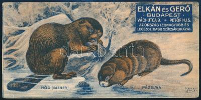 Hód, Pézsma. Elkán és Gerő szűcsök szőrmeáru és sapkagyár üzletének számolócédulája. Budapest V. Váci utca 9. és Petőfi utca 5.