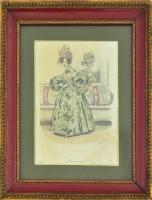 Kohlmann Lipót (működött a XIX. sz. első felében): Biedermeier női divat. Színezett rézmetszet, papír, jelzett a metszeten. 18,5x13,5 cm. Üvegezett fakeretben.