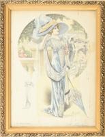 cca 1910 La Femme chic francia női divatkép. Színes litográfia, papír, jelzett a metszeten. Foltos. 34x24 cm. Üvegezett, dekoratív fakeretben.