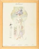 cca 1900 "Chic Parisien" no. 153, színes női divatkép. Színes litográfia, papír, Atelier Bachwitz. 39x29 cm. Üvegezett fakeretben.