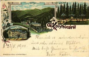 1900 Koritnyica, Korytnica; Zsófia forrás, Új gyógyház Hygiea / spring source, spa, bath, villa. Schwidernoch Károly Art Nouveau, floral, litho (EB)