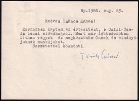1966 Török Sándor (1904-1985) gépelt köszönő sorai üdvözlőkártyán, autográf aláírással.