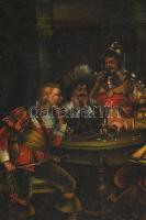 Jelzés nélkül, feltehetően XIX. sz. vége: Mulatozó társaság. Olaj, karton. Dekoratív, sérült fakeret...