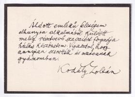 1958 Kodály Zoltán (1882-1967) zeneszerző, zenepedagógus köszönő sorai felesége halálakor révésznyilvánító üzenetre, autográf aláírással.