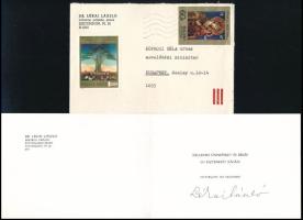 1984 Lékai László (1910-1986) esztergomi érsek, bíboros aláírása újévi üdvözlő lapon, borítékkal, Köpeczi Béla (1921-2010) művelődési miniszter, történész részére.