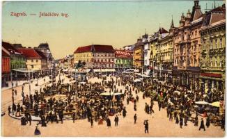 1917 Zagreb, Zágráb; Jelacicev trg / square, market, tram, shops (EK)