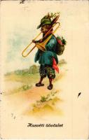 1932 Húsvéti üdvözlet / Easter greeting art postcard, rabbit with trombone (EK)