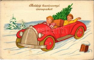 1940 Boldog karácsonyi ünnepeket / Christmas greeting art postcard, automobile (EK)