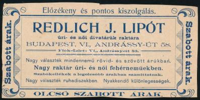 Redlich J. Lipót divatáru számolócédula